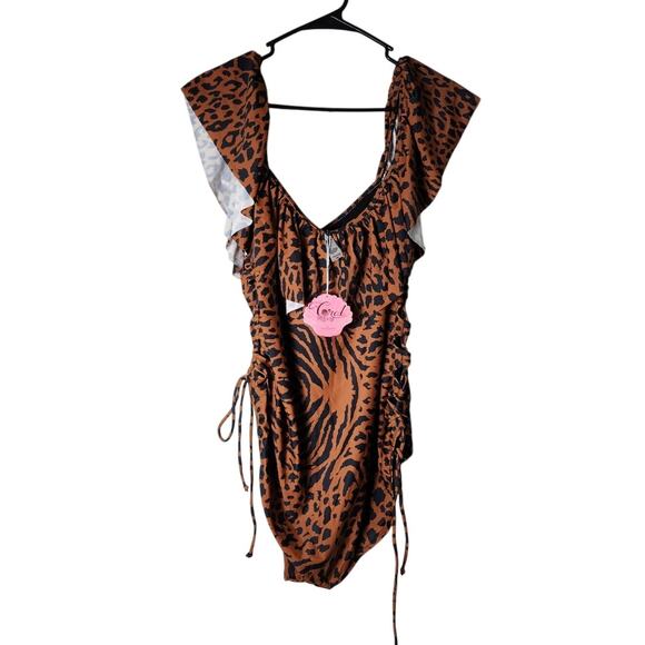 Coral Tropics One Piece Swimsuit Plus Size 3X Animal Print Ruffle Open Sides - Picture 5 of 6